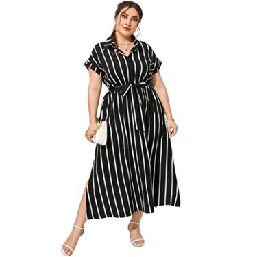Imagem de KOJOOIN Vestidos maxi plus size para mulheres verão cinto de gravata trabalho vestido polo casual vestido de botão para baixo, Tira branca e preta 01, 4G