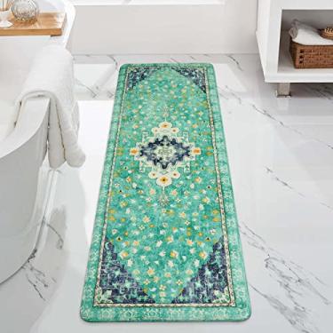 Imagem de Uphome Tapete retrô longo boho verde antiderrapante macio tapete de banheiro corredor lavável à máquina tapetes de banheiro persa oriental tradicional tapete de banho floral para banheira de chuveiro, 51 x 150 cm