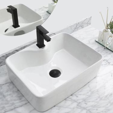 Imagem de Kit Cuba Pia Louça Cerâmica Banheiro C/ Torn e Vál Preta S11 - Smart N