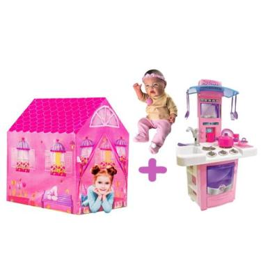 Imagem de Kit Brinquedo Faz de Conta Bebe Reborn com Barraca e Cozinha - DM Toys