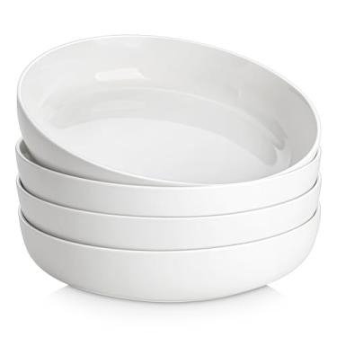 Imagem de MALACASA Tigelas de macarrão de 1,360 g, conjunto de 4 tigelas de salada de 23 cm, tigelas de cerâmica branca para cozinha, podem ser colocadas no micro-ondas e na lava-louças, série LUNA, branco