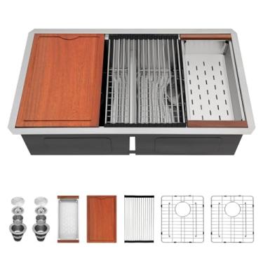 Imagem de Pia de cozinha de 83 cm para lavatório duplo – lofeyo 33 x 19 Pia de cozinha de aço inoxidável 50/50 tigela dupla dividida calibre 16 canto redondo com montagem inferior pia de cozinha com acessórios