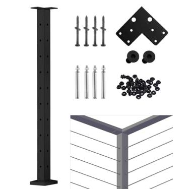 Imagem de Senmit Poste de corrimão de cabo - Poste de cerca quadrada de aço inoxidável para sistema de trilhos de cabos, topo plano 91.4 cm x 5.1 cm x 5.1 cm Poste de canto 3 lados pré-perfurado, preto fosco