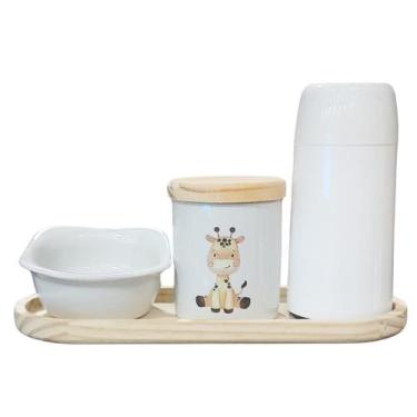 Imagem de Kit higiene bebê 4 pçs Safari - Bdj Oval Tp pinus + Garrafa - Genérico