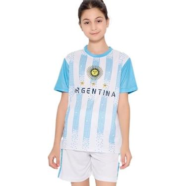 Imagem de Bolognifi Camisa de futebol infantil, camiseta da Copa Europeia/Américas, meninos e meninas, conjunto de shorts esportivos de futebol com meia manga(Argentina,15-16A)