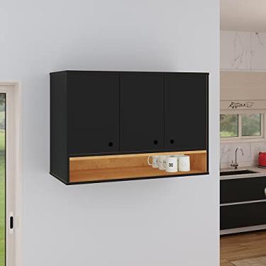 Imagem de Genérico, Armário Aéreo 3 Portas Suspenso com Nicho Prateleira Organizador Cozinha Balcão Jessica - Preto/Cina