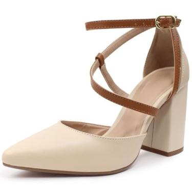 Imagem de Sapato Scarpin Re&Ton Salto Grosso Tiras Confortável Sc14 (Bege Marrom, BR, Adulto, Numérico, 39)