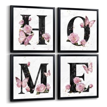 Imagem de LevvArts Home Letters Sign Wall Art Pink Roses and Butterflies Painting Prints Black Framed Canvas Artwork Modern Black and Gold Pink Decor