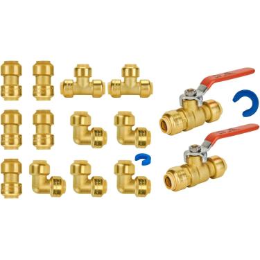 Imagem de Conexões de pressão 1/2 polegada 5 cada acoplamento e cotovelo de 90 graus 2 cada T e válvula de esfera de alça vermelha sem chumbo Acessórios de encanamento de latão para conectar tubo Pex cobre CPVC