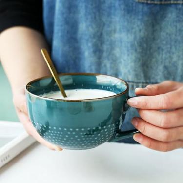 Imagem de hengshukeji Caneca de café grande de cerâmica de 680 g, canecas de sopa de grãos/tigela de salada/tigela de porcelana grande para café - com porta-copos e colher, chá, sorvete, cereais (verde escuro)