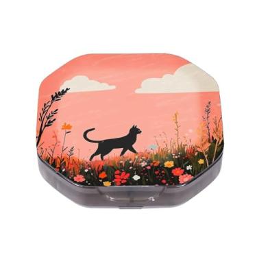 Imagem de Caixa de comprimidos pequena com 4 compartimentos, gato preto, impermeável, durável, organizador de comprimidos de viagem, diário, portátil, suplementos de óleo de peixe e vitaminas, suporte de