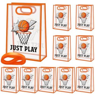 Imagem de Aliceset 12 peças de bolsa transparente de basquete com alças e fitas cortadas em matriz tema esportivo para festa de basquete embalagem de lanche presentes para equipes de basquete, presentes de