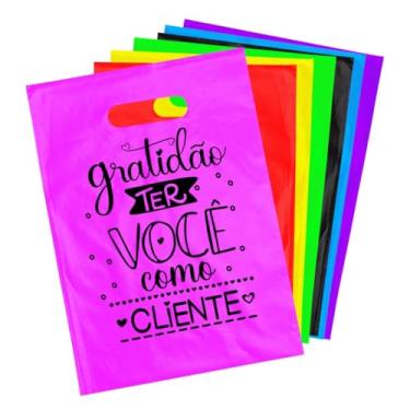 Imagem de Kit 100 Sacolas Plasticas Boca De Palhaço 30x40 Gratidão Personalizadas (Rosa)