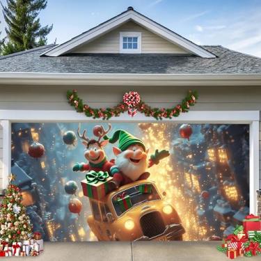 Imagem de TTCHANG Faixa de Natal para porta de garagem – Elfo voador e rena em táxi festivo com presentes, brilho amarelo responsivo à luz UV, grande mural de férias ao ar livre para varanda e sala de estar
