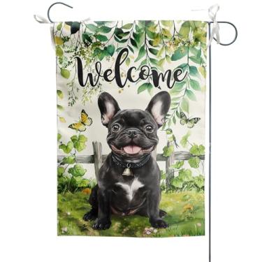 Imagem de Bandeira preta de buldogue francês para jardim, 30,5 x 45,7 cm, com folhas de primavera, bandeira de boas-vindas para decoração de quintal vertical dupla face, para decoração de casa de pátio externo
