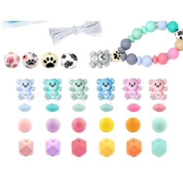 Imagem de AnyDesign 68 peças de contas de silicone de urso colorido urso fofo animal redondo espaçador hexagonal contas soltas de borracha com corda elástica para artesanato DIY chaveiro fabricação de joias