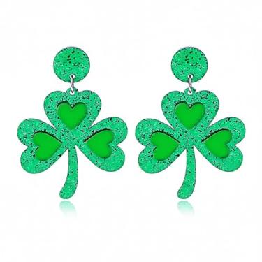 Imagem de Brincos de trevo de Dia de São Patrício para mulheres, brincos de trevo de lágrima de coração verde irlandês e trevo com pingente de trevo com glitter, brincos de Dia de São Patrício para mulheres