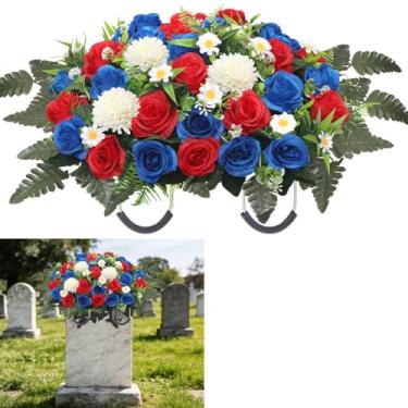 Imagem de Wocst Sela de flor de lápide, flores artificiais grandes de cemitério para sepulturas de rosas e crisântemos, flores memoriais de cemitério para decorações de túmulos ao ar livre (vermelho)