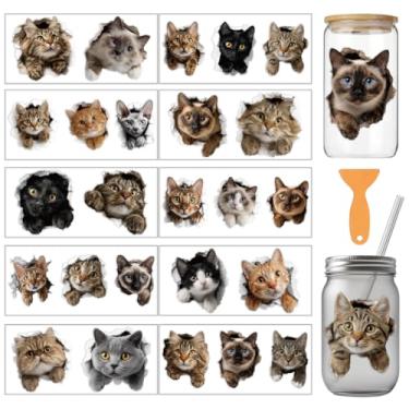 Imagem de arricraft 10 folhas com tema de gato rasgado UV DTF Cup Wrap para vidro de 473.6 g, adesivos de transferência de PVC divertidos gatos fofos esfregar em decalques para copos DIY madeira funiture 24 x