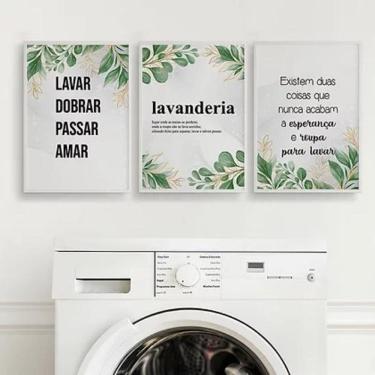 Imagem de Kit 3 Quadros Lavanderia 33x24cm - Vidro e Moldura Branca