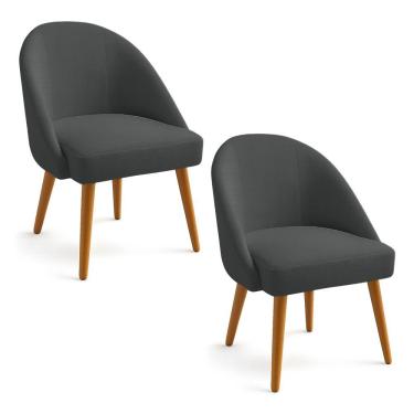 Imagem de Kit 02 Cadeiras Poltrona De Jantar Estofada Luna Boucle Grafite Pés Palito Castanho - Pallazio