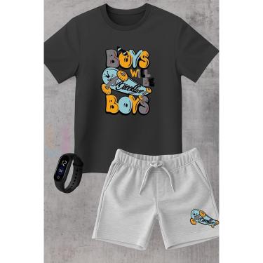 Imagem de Conjunto Infantil Camiseta e Short Moletinho Moda Verão Skate Street Brooklyn com Relógio Digital-Unissex
