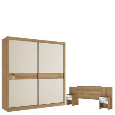 Imagem de Guarda Roupa Casal Copenhagen 2 Portas Capuccino Off White Cacau E Cabeceira Formosa Glass Capuccino - Thb