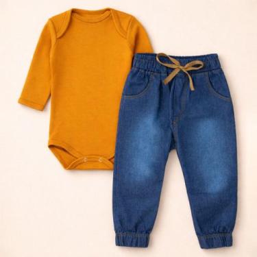 Imagem de Conjunto Bebê Body Longo e Calça Jogger Jeans para Passeio Cor:Caramel