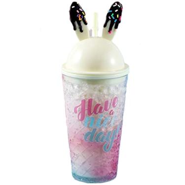 Imagem de seelucky Copo de viagem para sorvete com canudo para festa de menina copo para beber suco Boba Bubble xícara de chá (coelho gelado amarelo, 450 ml)