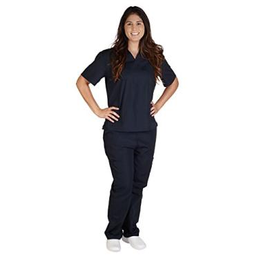 Imagem de Natural Uniforms – Conjunto de uniforme médico feminino liso com gola V, Dark Navy Blue, Medium