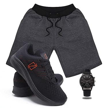 Imagem de Conjunto Bermuda Moletom Masculina + Tenis Masculino Academia Ultra Conforto + Relógio Ponteiro - Grafite-PretoLaranja/P-40