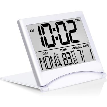 Imagem de Relógio de alarme de viagem betus digital - Calendário dobrável e relógio LCD de temperatura e temporizador com modo snooze - Exibição de grande número, bateria operada - Relógio de mesa compacto para todas as idades (prata)