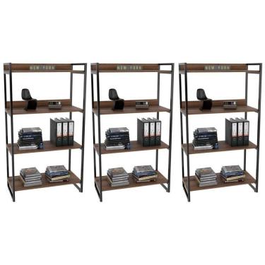 Imagem de Kit 3 Estantes Livreiro Multiuso Prisma Estilo Industrial 80Cm 4 Prateleiras C08 Nogal - Mpozenato