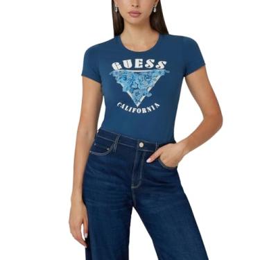 Imagem de GUESS Camiseta feminina Eco manga curta triângulo rosas, Azul cobalto, G