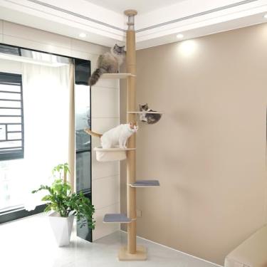 Imagem de Torre para gatos alta do chão ao teto, altura ajustável (152 a 309 cm), árvore para gatos de 5 níveis com acessórios, centro de atividades para gatos com cápsula transparente, poleiros de pelúcia e