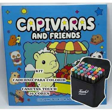 Imagem de Conjunto 36 Canetas Marcador Permanente Touch com Ponta Dupla para Desenho Profissional e Escolar + Livro de Colorir Capivaras – Canetinhas Hidrográficas com Estojo (Azul 2)