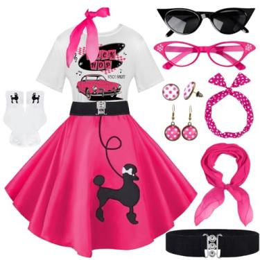 Imagem de 10 peças de roupas femininas, saias poodle dos anos 1950, camiseta poodle com acessórios dos anos 50, meias, cachecol, faixa de cabeça, brinco de cinto, Sockhop rosa choque, Small