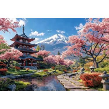 Imagem de XMJJKUF Pano de fundo de flor de cerejeira de primavera japonesa, 3 x 2,4 m, vinil, rosa, jardim, montanha, jardim, cenário, tapeçaria japonesa, tapeçaria, aniversário, festa de casamento, banner