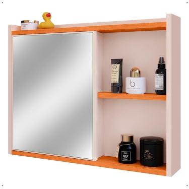 Imagem de Espelheira Armário Banheiro Suspenso com Espelho 1 Porta Prateleira Organizadora Lavabo Luxo - Off White/Cinamomo