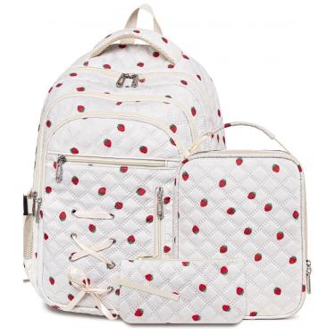 Imagem de Mochila escolar com estampa de morangos com lancheira e estojo para meninas e adolescentes, 17", múltiplos compartimentos