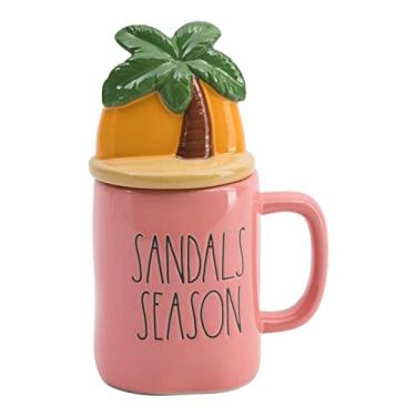 Imagem de Rae Dunn Canecas de café com tampas de cerâmica decorativas, sandálias estação/palmeira/coral