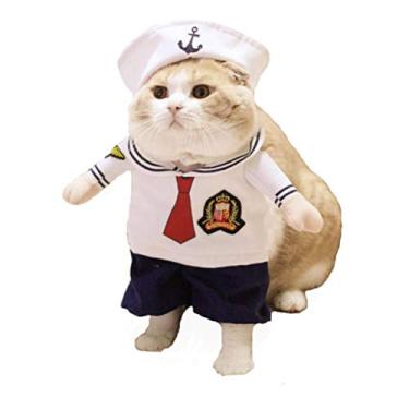 Imagem de Fantasia de marinheiro de animal de estimação Yu-Xiang, traje de gato, roupas para cachorro com capuz, fantasia de cosplay para o dia das bruxas de aniversárioYu-Xiang S