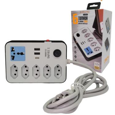 Imagem de Filtro De Linha 6 Tomadas 2 USB 1 Tipo C 2 Metros Extensão - Xzhang