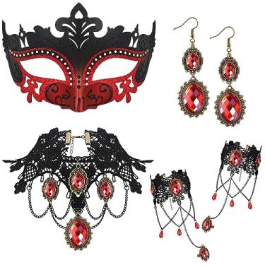 Imagem de Libima Conjunto de acessórios de fantasia de vampiro gótico de Halloween, 5 peças, máscara de máscara, colar de renda gótica e brincos, liga e malha, Sem Pedra Preciosa
