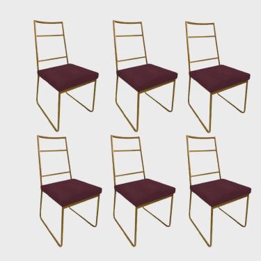 Imagem de Kit 06 Cadeiras Sala de Jantar Escritório Office Stark Industrial Ferro Dourado Suede Bordô - Ahz Móveis