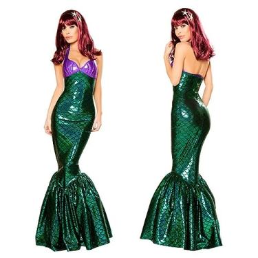 Imagem de Sereia princesa cosplay vestido fantasia Halloween pacote apertado quadril rabo de peixe vestido de noite sem mangas regatas saia cauda longa, verde escuro-XXL