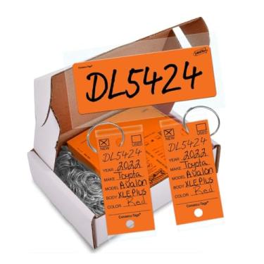 Imagem de Etiqueta Consecu-Tag Versa em branco - 125 etiquetas de chave com chaveiros - Adesivos de para-brisa de janela para carros novos e usados - Etiquetas de chave de suprimentos de carro - Números de