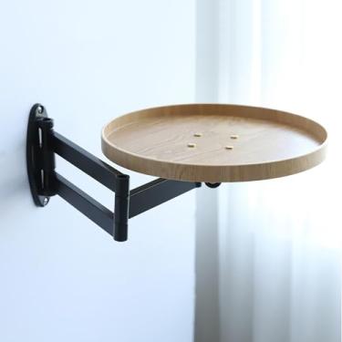 Imagem de YIQIFLY Mesa redonda montada na parede pequena mesa dobrável com prateleira retrátil e mesa de rotação de 180° mesas de parede dobráveis para quarto e sala de estar (carvalho branco, 30 cm)