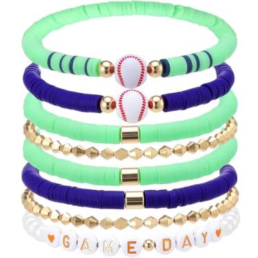 Imagem de Landical 8 pulseiras de beisebol para o dia do jogo, pulseiras elásticas com contas empilháveis, acessórios para mulheres, bijuterias, presentes, Bright Style, argila de polímero, ABS, acrílico,, Sem
