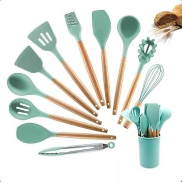 Imagem de Kit 12 Utensílios de Cozinha em Silicone com Cabo de Madeira, Conjunto Completo Antiaderente para Cozinha, Resistente ao Calor, Espátulas e Acessórios (Verde claro)